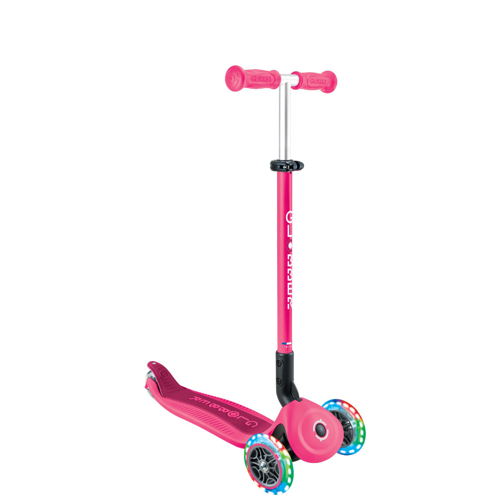 Shop Singapore Pumpanickel Sports Shop Buy Globber GO UP Active Lights Foldable Toddler Scooter with seat for 15 months to 9+ years - Fuchsia