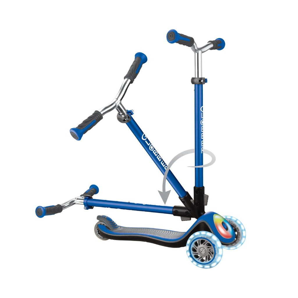 Shop Globber Singapore Pumpanickel Sports Shop Buy Globber Elite Prime Lights Foldable 3-Wheels Kids Scooter for age 3 to 9 years old - Navy Blue