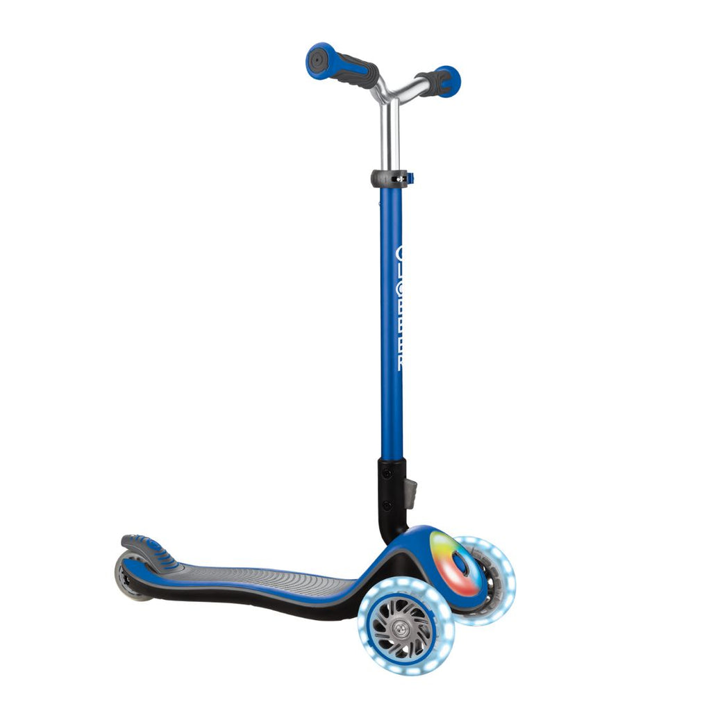 Shop Globber Singapore Pumpanickel Sports Shop Buy Globber Elite Prime Lights Foldable 3-Wheels Kids Scooter for age 3 to 9 years old - Navy Blue