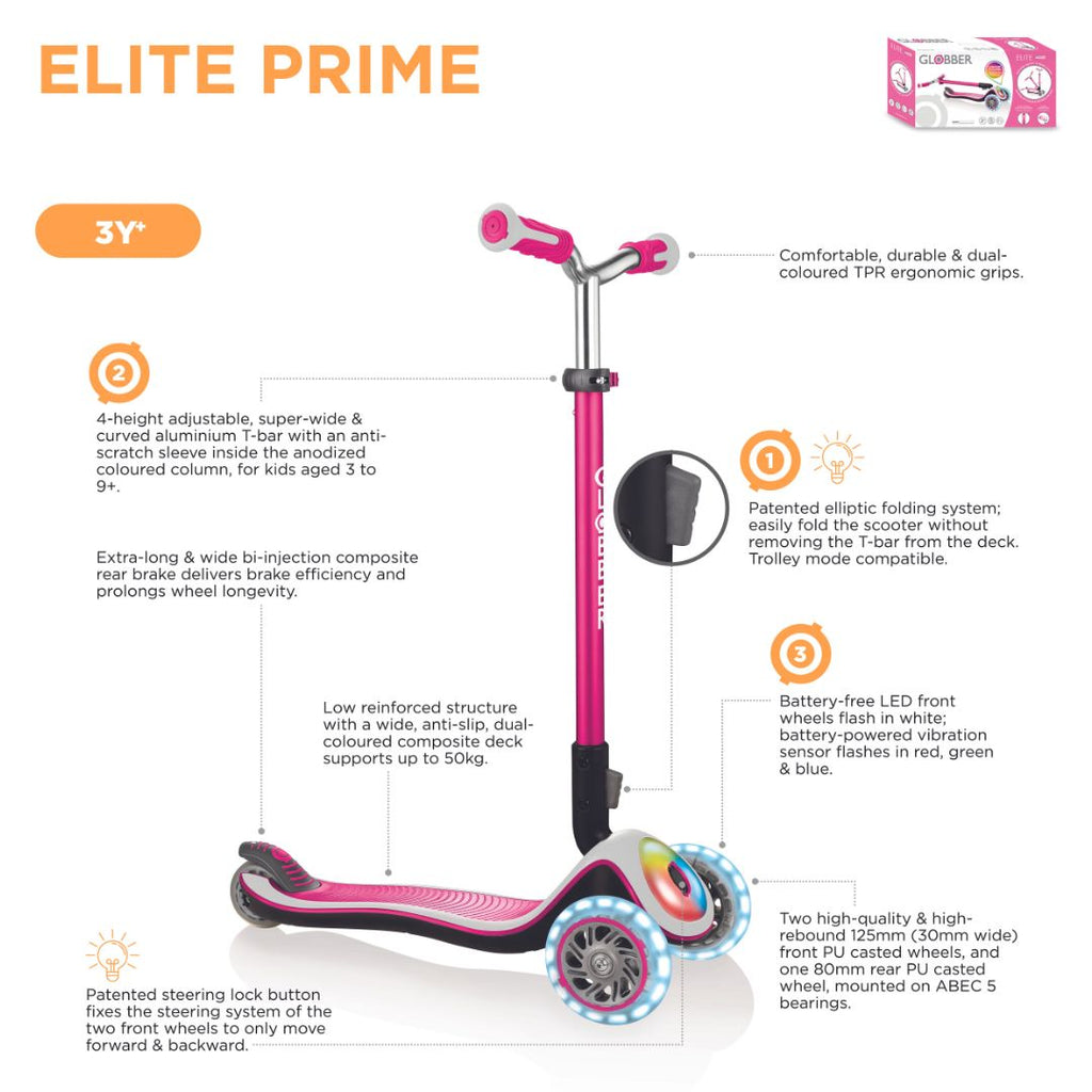 Shop Globber Singapore Pumpanickel Sports Shop Buy Globber Elite Prime Lights Foldable 3-Wheels Kids Scooter for age 3 to 9 years old - Specs