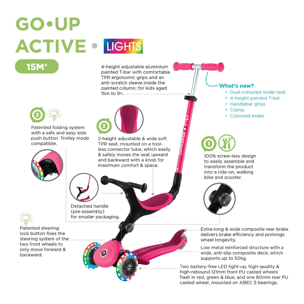 Shop Singapore Pumpanickel Sports Shop Buy Globber GO UP Active Lights Foldable Toddler Scooter with seat for 15 months to 9+ years - specifications