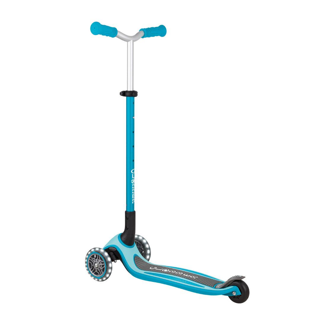 Shop Globber Singapore Pumpanickel Sports Shop Buy Globber Master Lights Foldable 3-Wheels Kids Scooter for age 4 to 14 years old - AquaCyan