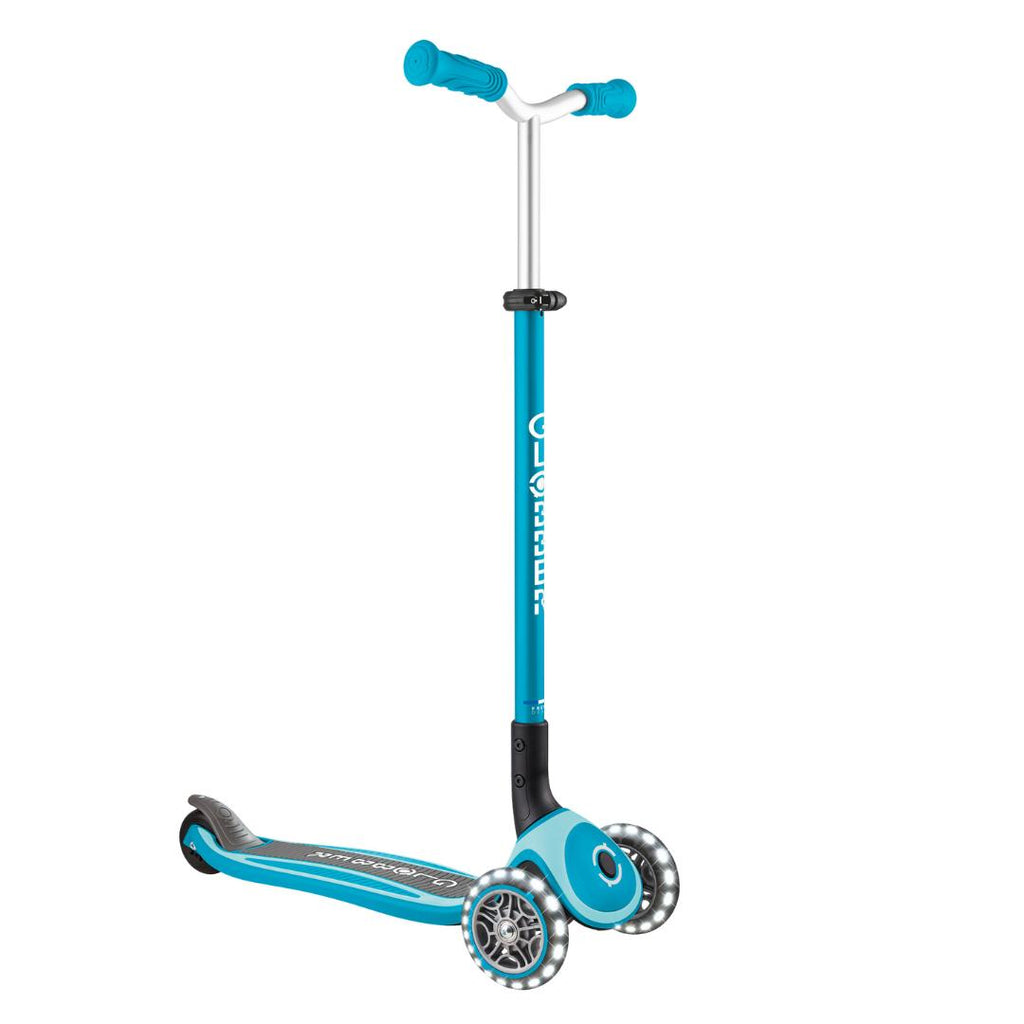 Shop Globber Singapore Pumpanickel Sports Shop Buy Globber Master Lights Foldable 3-Wheels Kids Scooter for age 4 to 14 years old - AquaCyan