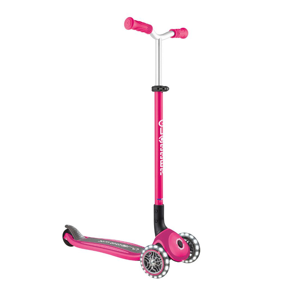 Shop Globber Singapore Pumpanickel Sports Shop Buy Globber Master Lights Foldable 3-Wheels Kids Scooter for age 4 to 14 years old - Fuchsia