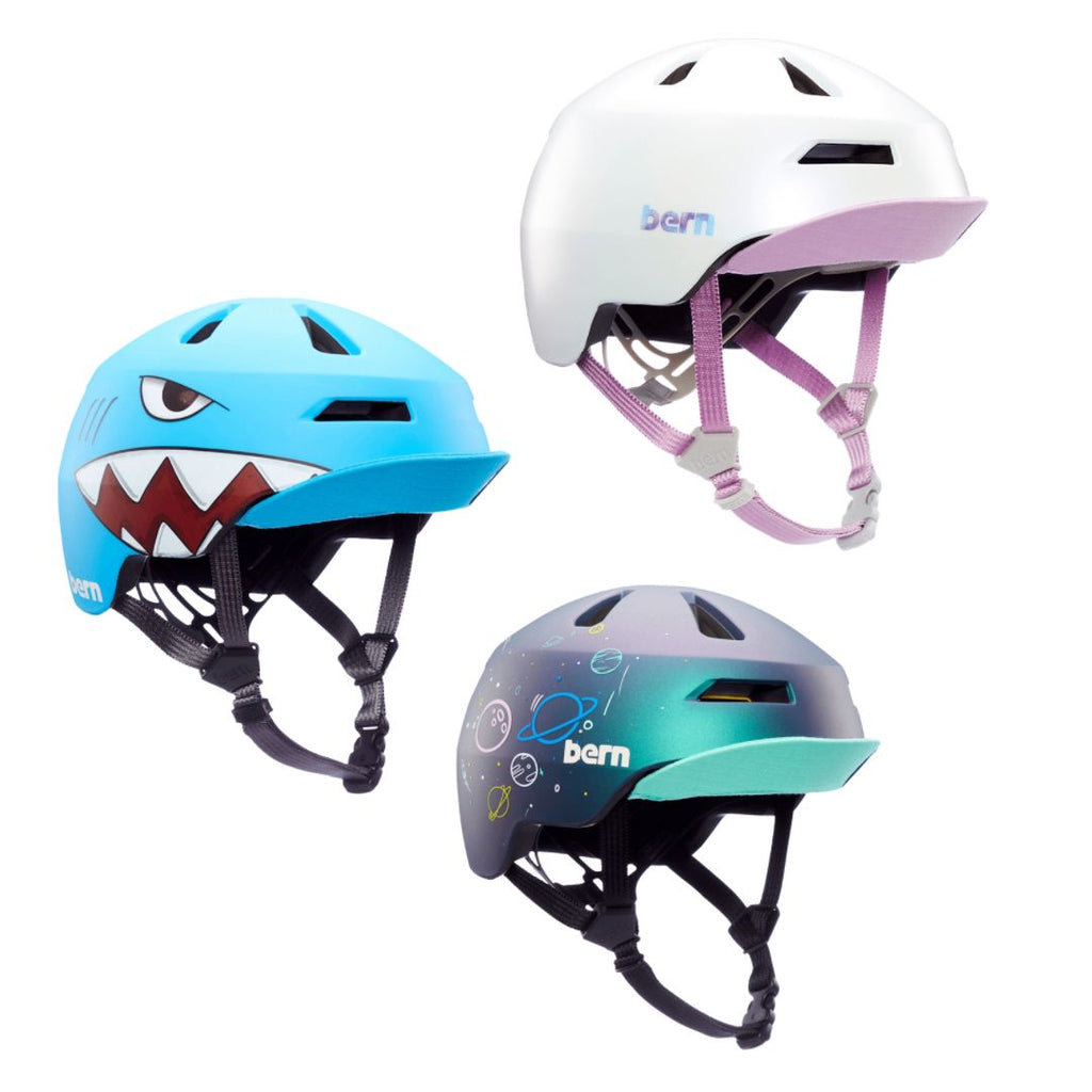 Bern Nino 2.0 Youth Certified Sports Helmet | Non-MIPS & MIPS options | 3 Designs - Satin Galaxy Pearl, Matte Shark Bite & Metallic Space Splat