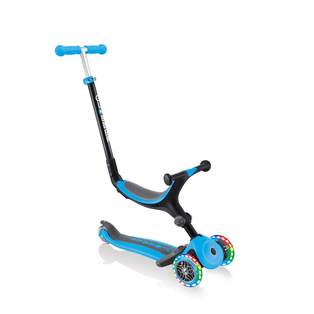Shop Singapore Pumpanickel Sports Shop Buy Globber Go UP Foldable Plus Lights toddler scooter with seat for 15 months to 7 years - Sky Blue