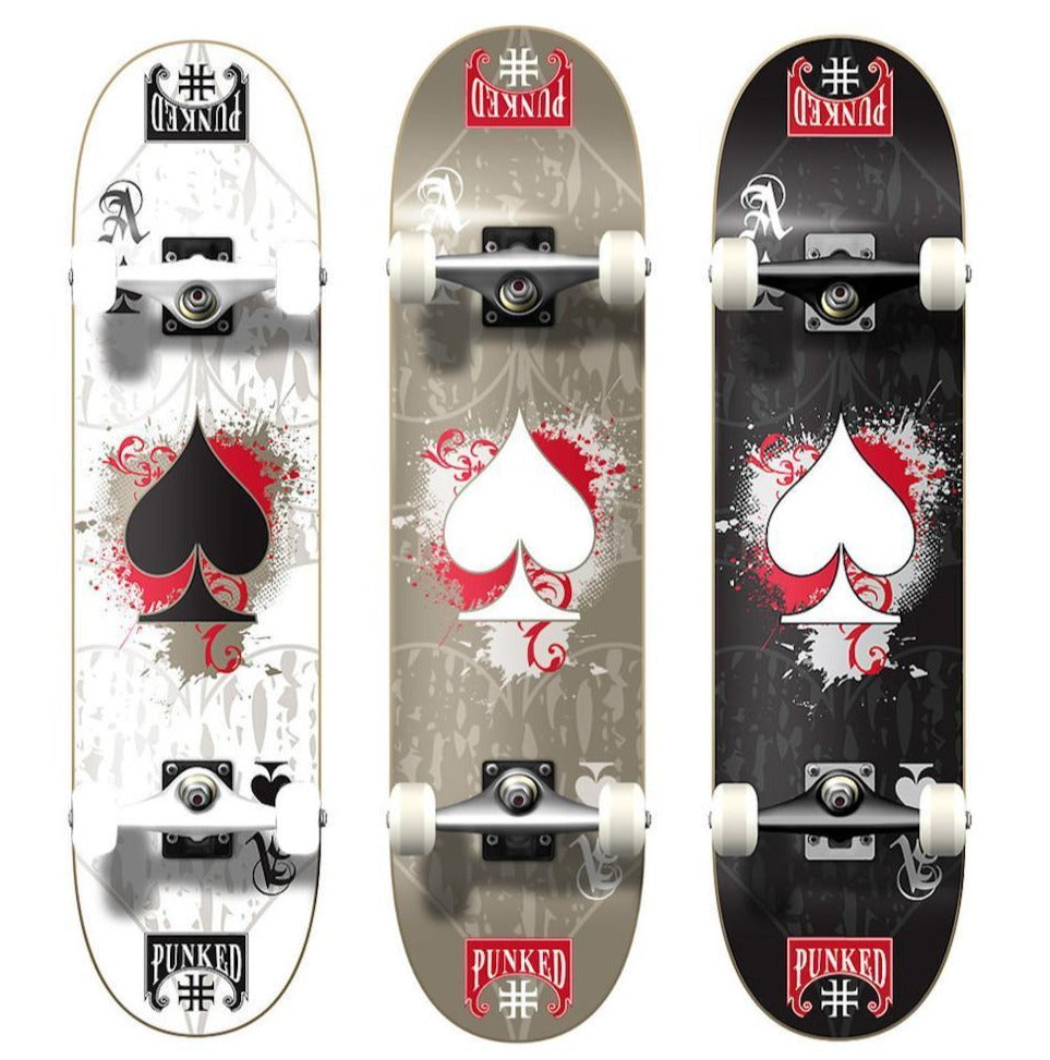 Pumpanickel Sports Shop Yocaher Skateboard. Yocaher Skateboard 8" complete skateboard Ace Series comes in 3 designs - Ace White, Ace Grey and Ace Black.