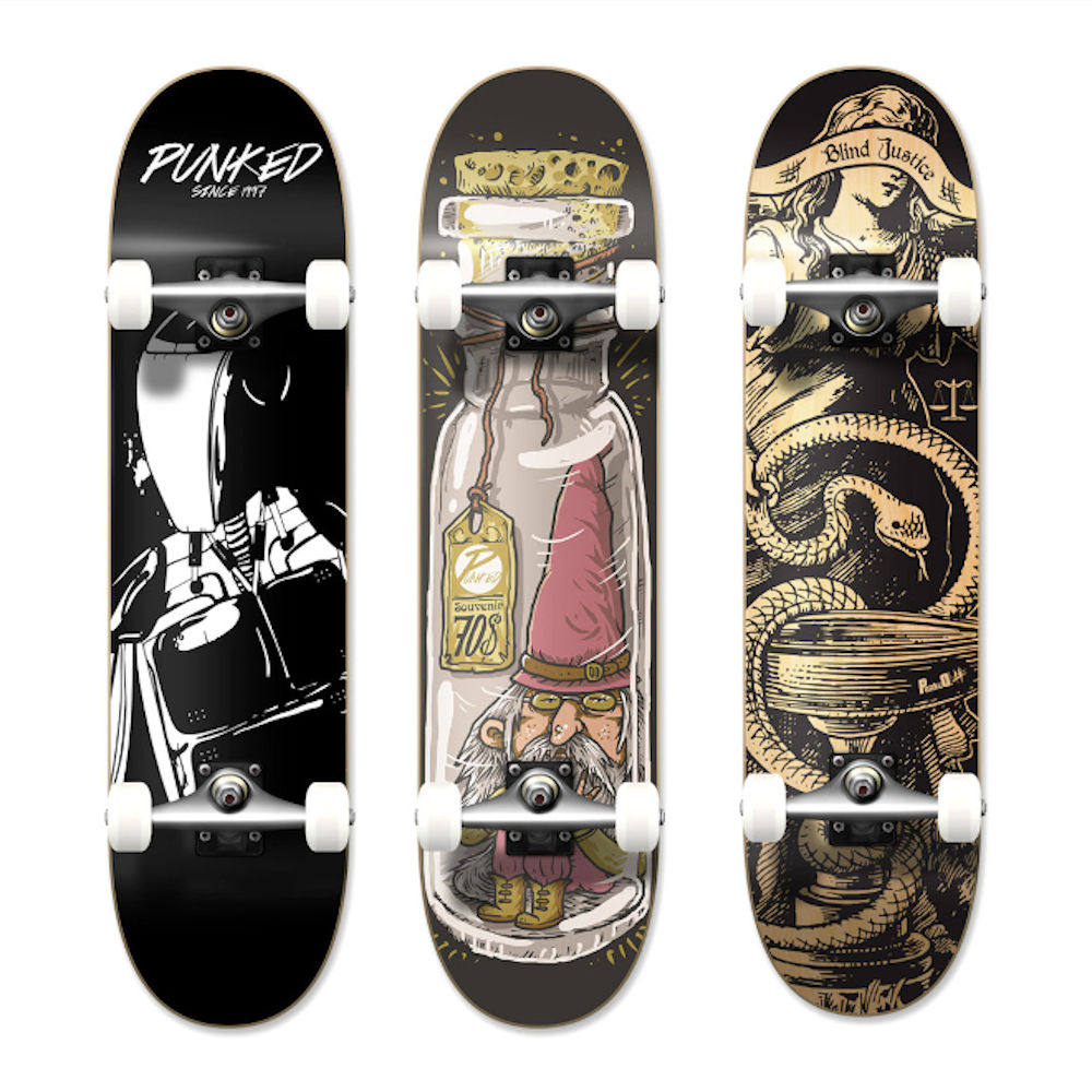 Pumpanickel Sports Shop Yocaher Skateboard Singapore. Yocaher 8" complete skateboard Dynamic series is available in 3 graphics - Robot Punked, Gnome and Natural Blind Justice