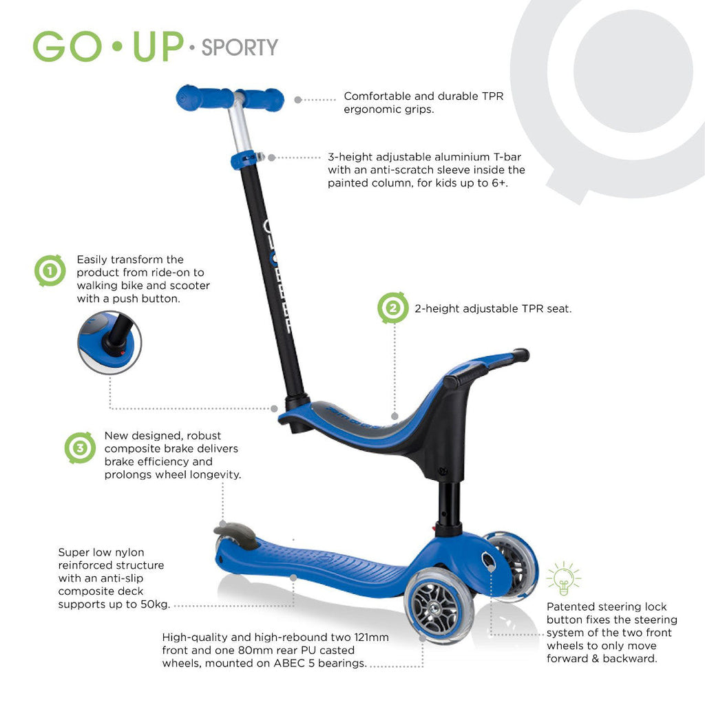 Shop Singapore Pumpanickel Sports Shop Buy Globber Go UP Sporty toddler scooter with seat for 15 months to 6+ years - Navy Blue