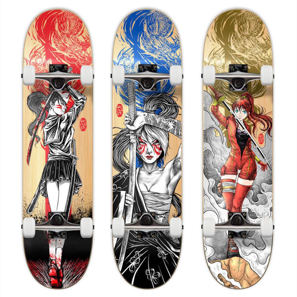 Pumpanickel Sports Shop Yocaher Skateboard. Yocaher Skateboard 8" complete skateboard Girl Samurai Series is available in 3 graphics - Red Dragon, Gold Dragon and Blue Dragon