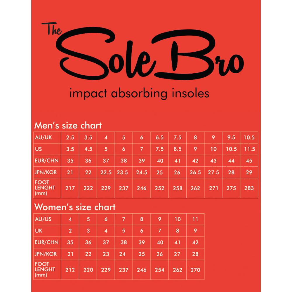 Pumpanickel Sports Shop: Size Chart for Gain "SoleBro" shock absorbing shoe insoles for freestyle scooter, BMX & MTB riders
